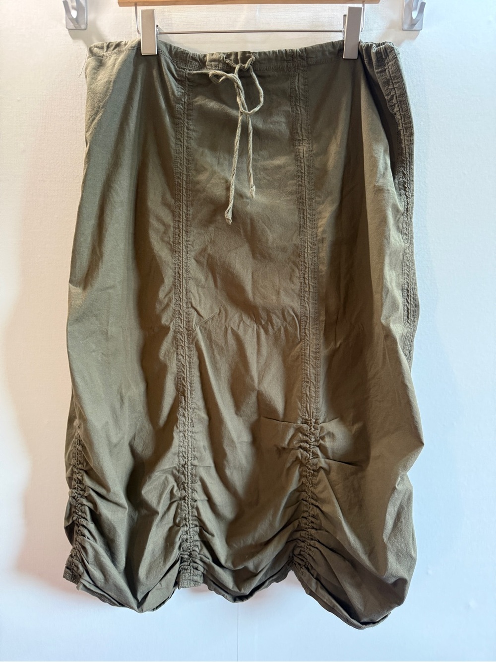 Cut Loose Olive Green Ruched Drawstring Midi Skirt Size M Lagenlook Boho